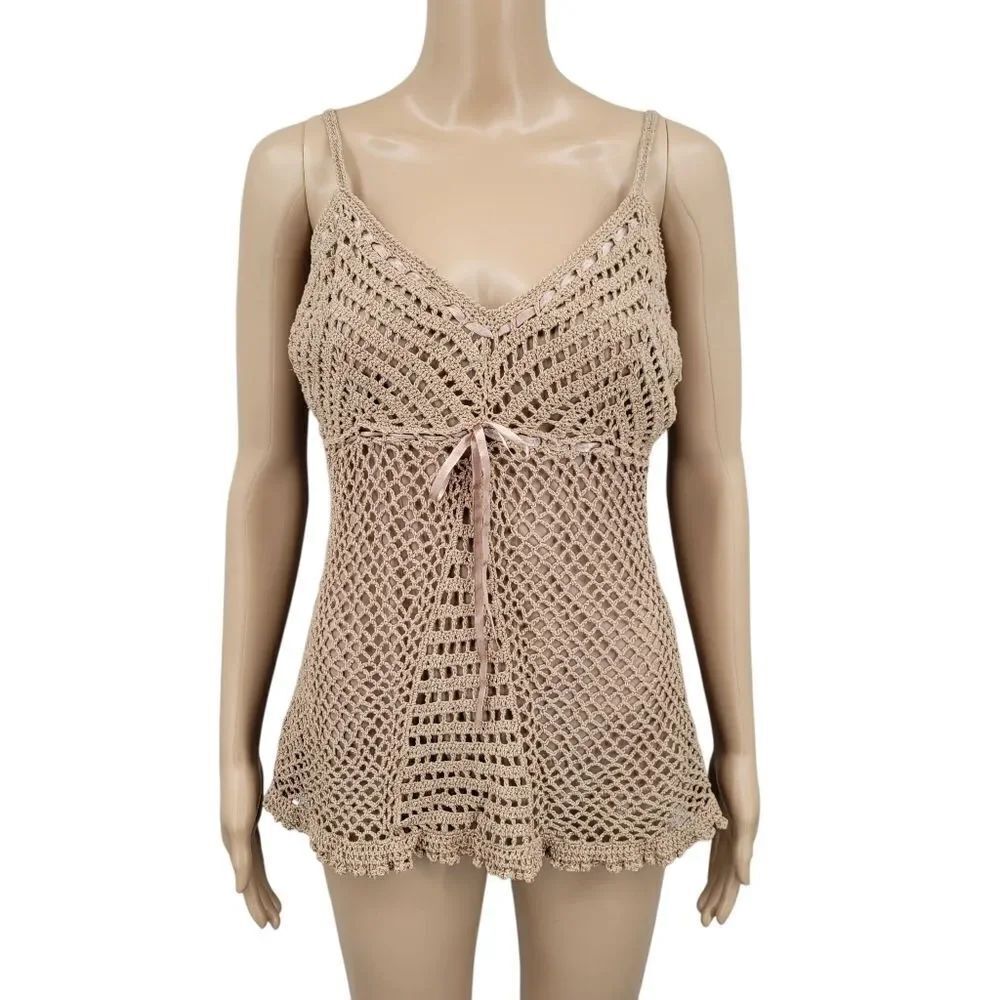 Y2K Babydoll Crochet Tan Tank Top Camisole Women's Size Large Baby Doll Coquette